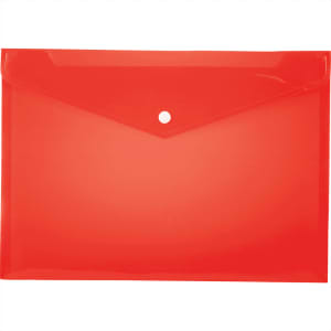 A red, transparent plastic envelope with a button closure, designed for holding documents.