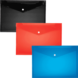 A set of three plastic portfolios in black, red, and blue, featuring a secure snap button closure.