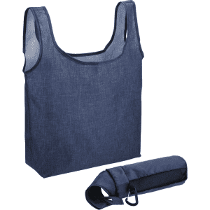 Navy blue reusable grocery bag with a foldable design, accompanied by a compact carrying pouch. Features a logo.