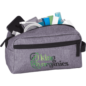A grey toiletry pouch filled with various electronic cables, chargers, and a smartphone, featuring a logo.