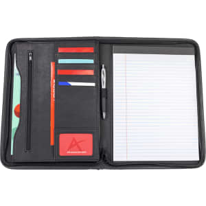 A black portfolio with a pen, notepad, card slots, and a zippered pocket.