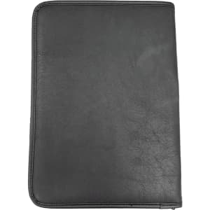 A black leather portfolio with a textured finish and a zippered edge. It features a logo on the front.