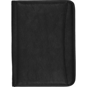 A black portfolio with a textured surface, featuring a curved edge and a logo on the front.