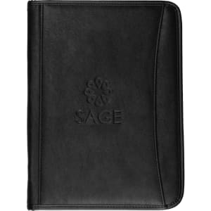 A black portfolio featuring a subtle logo on the front. It has a sleek, professional design.