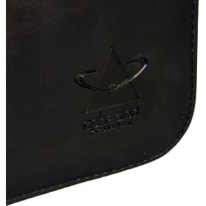 A black compendium with a subtle logo embossed on the front, featuring smooth, sleek leather material.