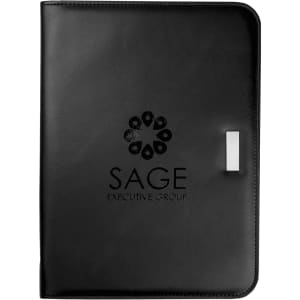 A black leather portfolio featuring a logo on the front and a metal clasp. Ideal for office and business use.