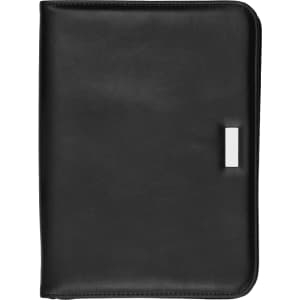 A black portfolio with a smooth finish and a silver logo plate on the front, suitable for office and business use.