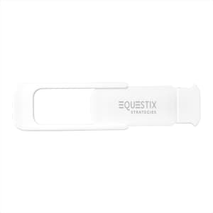 A white camera blocker with a slot for camera coverage and a logo printed on it.