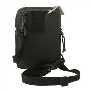 A compact black crossbody pouch with a detachable strap and a logo, featuring a textured design.