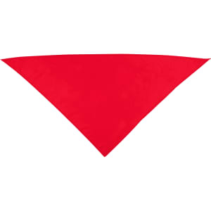 A red triangular bandana with a plain design, featuring a logo in one corner.