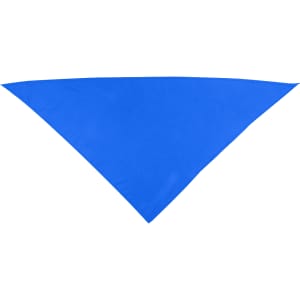 A blue triangular bandana with a smooth texture and a logo.