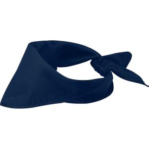 A navy blue bandana made of fabric, featuring a triangular shape and a tied knot. It has a branding logo.