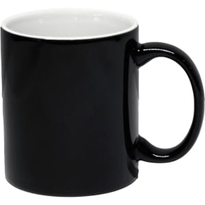 A coffee mug in glossy black with a contrasting white interior and a smooth handle. Features a logo.