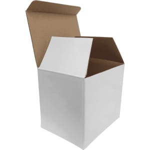 A white open box with a flared top, featuring a clean, simple design, ideal for packaging.