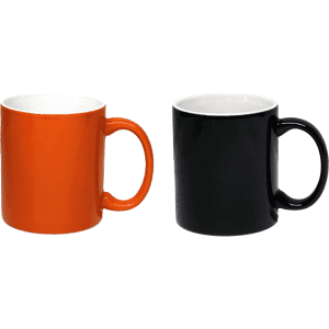 A set of two coffee mugs, one orange and one black, each with a handle and a glossy finish.