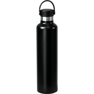 A drink bottle in matte black stainless steel, featuring a stainless steel lid and a handle.
