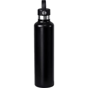 A drink bottle in matte black stainless steel with a screw top and carry handle, featuring a silver band.
