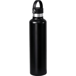 A drink bottle in matte black stainless steel with a metallic silver band and a handle for easy carrying.