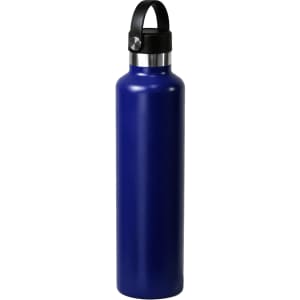 A drink bottle in navy blue stainless steel with a black lid and a logo on the side.
