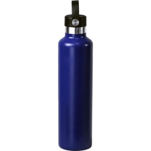 A drink bottle in a deep blue colour with a stainless steel upper section and a black lid, featuring a branding logo.
