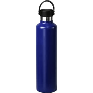 A drink bottle in a deep blue colour, made of stainless steel, featuring a black lid and a handle.