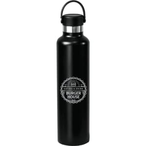 A drink bottle in matte black stainless steel, featuring a carry handle and a logo on the front.