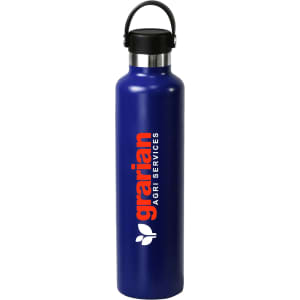 A drink bottle in navy blue stainless steel, featuring a black cap and a logo on the side.