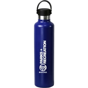 A drink bottle in navy blue stainless steel with a black lid and a logo on the side.