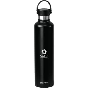 A drink bottle made of stainless steel, featuring a sleek black design and a handle, with a logo on the front.