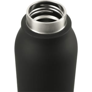 A drink bottle in matte black with a silver metal opening and a metal loop for easy carrying.