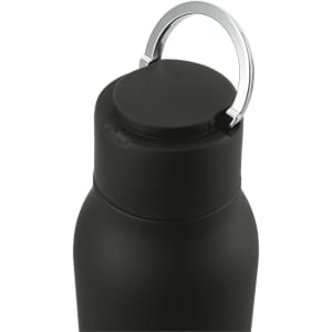 A drink bottle in matte black with a metal loop on the cap and a sleek design.