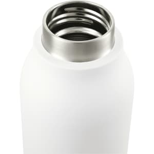 A drink bottle with a smooth white exterior and a stainless steel opening, featuring a metal loop on the side.