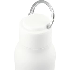 A drink bottle with a white exterior and a metal loop on the lid, designed for easy carrying.