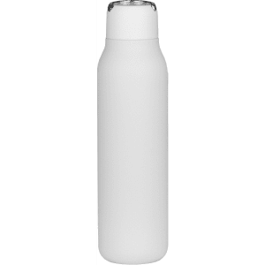 A drink bottle in white with a metal loop and sleek design, featuring a logo. Holds 600ml.