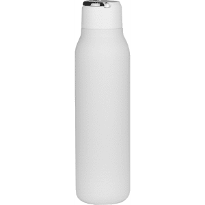 A drink bottle in white with a metal loop, featuring a sleek design and a silver cap.
