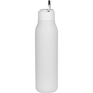 A drink bottle in white with a metal loop, featuring a sleek, modern design.