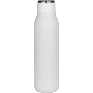 A drink bottle in matte white finish with a metallic loop, featuring a sleek design and a logo.