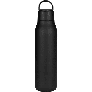 A drink bottle in matte black finish with a metal loop, featuring a sleek design and 600ml capacity.