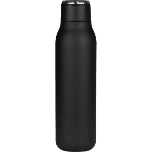 A drink bottle in matte black finish with a metal loop, featuring a logo on the surface. Capacity is 600ml.