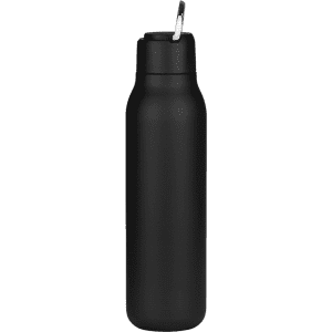A drink bottle in matte black finish with a metal loop, designed for convenient carrying. Holds 600ml.