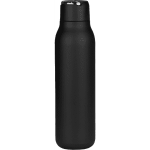 A drink bottle in matte black with a metal loop, featuring a sleek, smooth design. 600ml capacity.