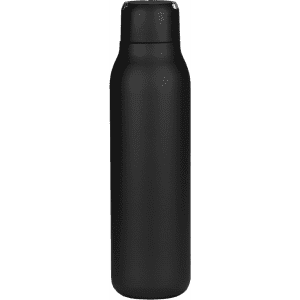 A drink bottle in matte black with a metal loop, holding 600ml. Features a logo on the surface.