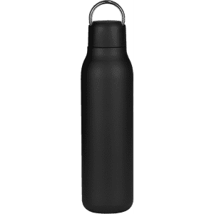 A drink bottle in matte black, featuring a metal loop and a sleek design, suitable for beverages.