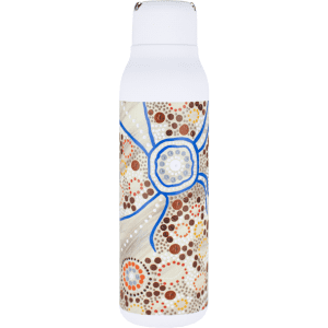 A drink bottle with a white body featuring a decorative design in earthy tones. Includes a metal loop for carrying.