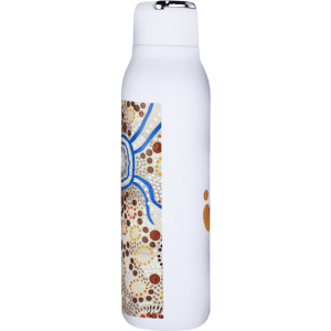 A drink bottle with a white finish and a decorative patterned design featuring earthy colours. It has a metal loop on the cap.