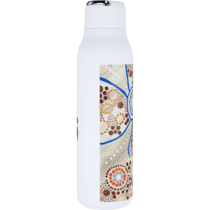 A drink bottle in white with a decorative design featuring earthy tones and a metal loop, capacity 600ml.