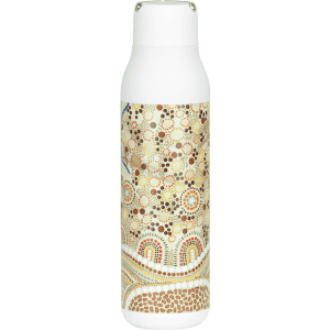 A drink bottle in white featuring an intricate pattern of earthy colours and a metal loop, capacity 600ml.
