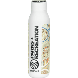 A drink bottle in white with a decorative pattern and a metal loop, featuring a logo. Holds 600ml.