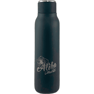 A drink bottle in matte black with a metal loop, featuring a logo and designed for 600ml capacity.