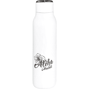 A drink bottle in white featuring a floral design and a logo, with a metal loop and a 600ml capacity.